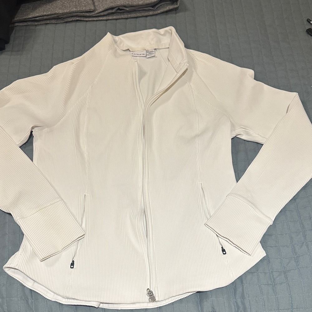Athleta Cream Ribbed Zip-Front Bomber Jacket